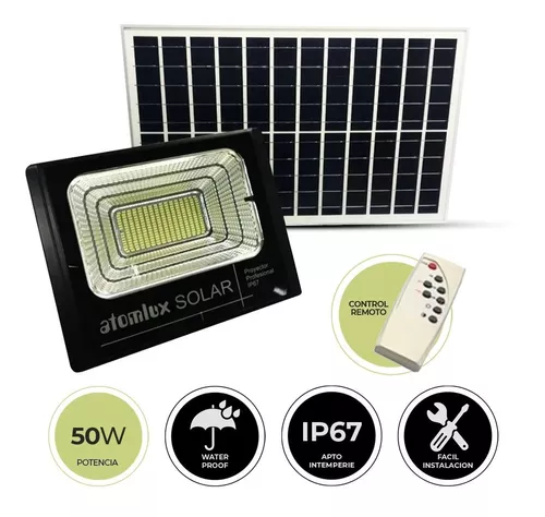 Reflector Solar Led 50 Watts Atomlux Ip65 Litio + Panel luz Blanco frío