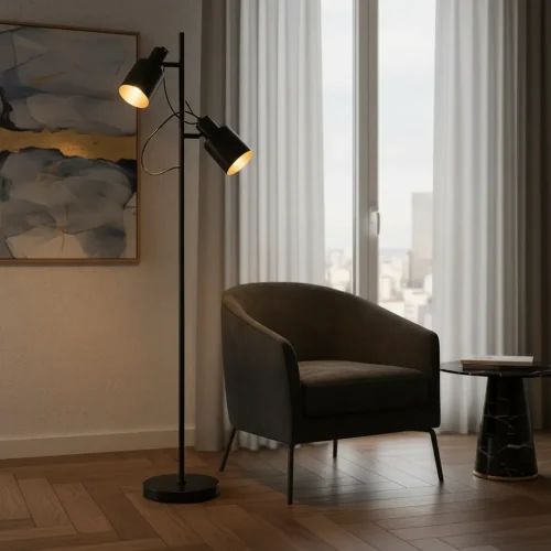 Lampara De Pie Duplex 2 Luces E27 Negro + Oro 139cm